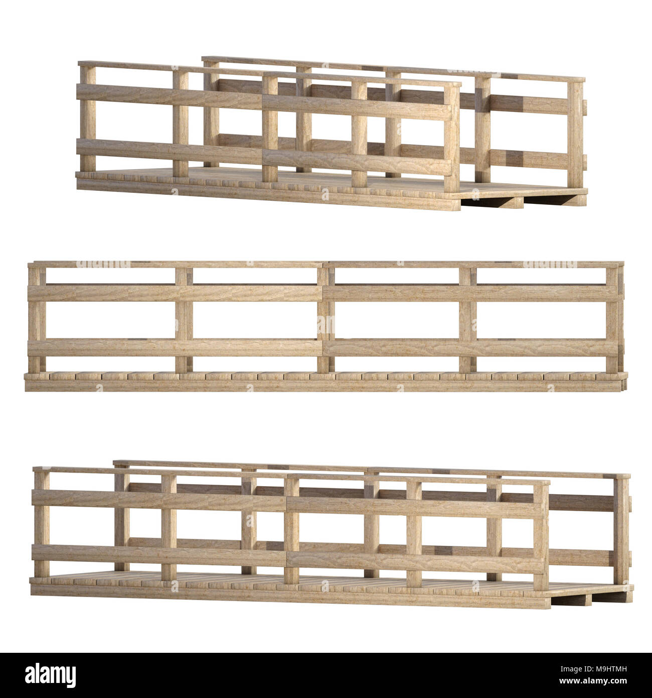 Set of wooden bridges isolated on white, 3d render. Stock Photo