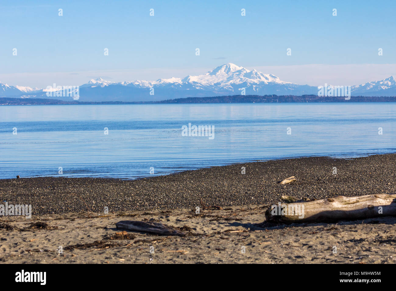 Looking east from beach of Boundary Bay Park in Tsawwassen, BC towards