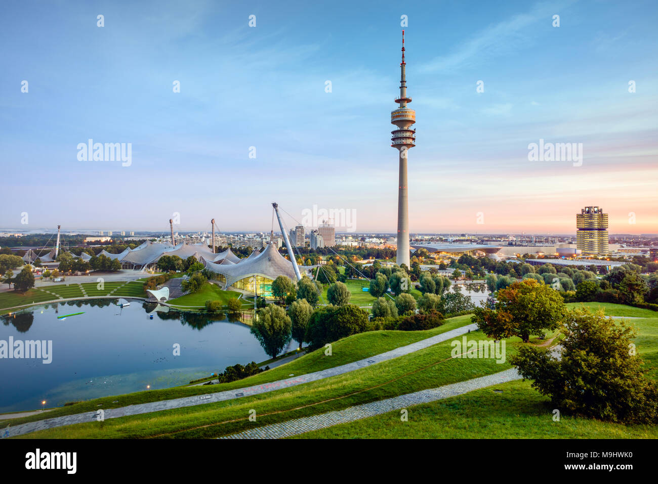 Olympiapark (Olympic Park) with Olympiaturm (TV Tower) at dusk, Munich, Bavaria, Germany, Europe Stock Photo