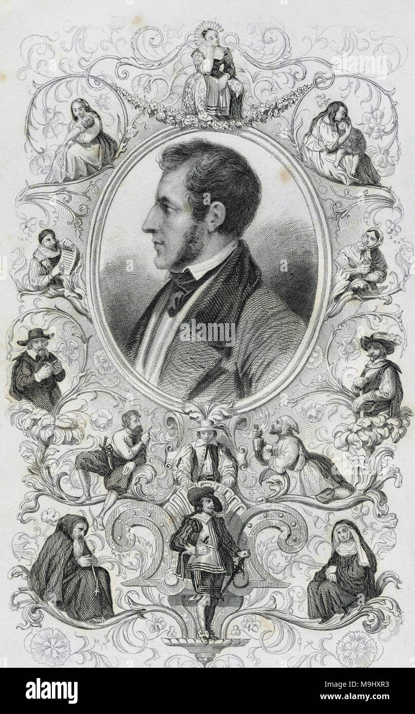 Alessandro Manzoni (1785-1873). Italian writer and poet. The Betrothed. His first novel, published in 1827. Engraving of the author belonging to the second edition, framed by depictions of characters of The Betrothed. Stock Photo