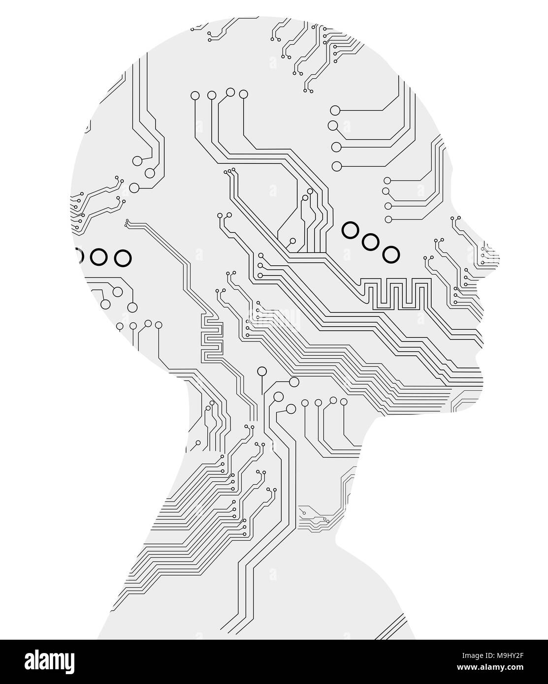 Silhouette of woman with motherboard texture. Stock Photo