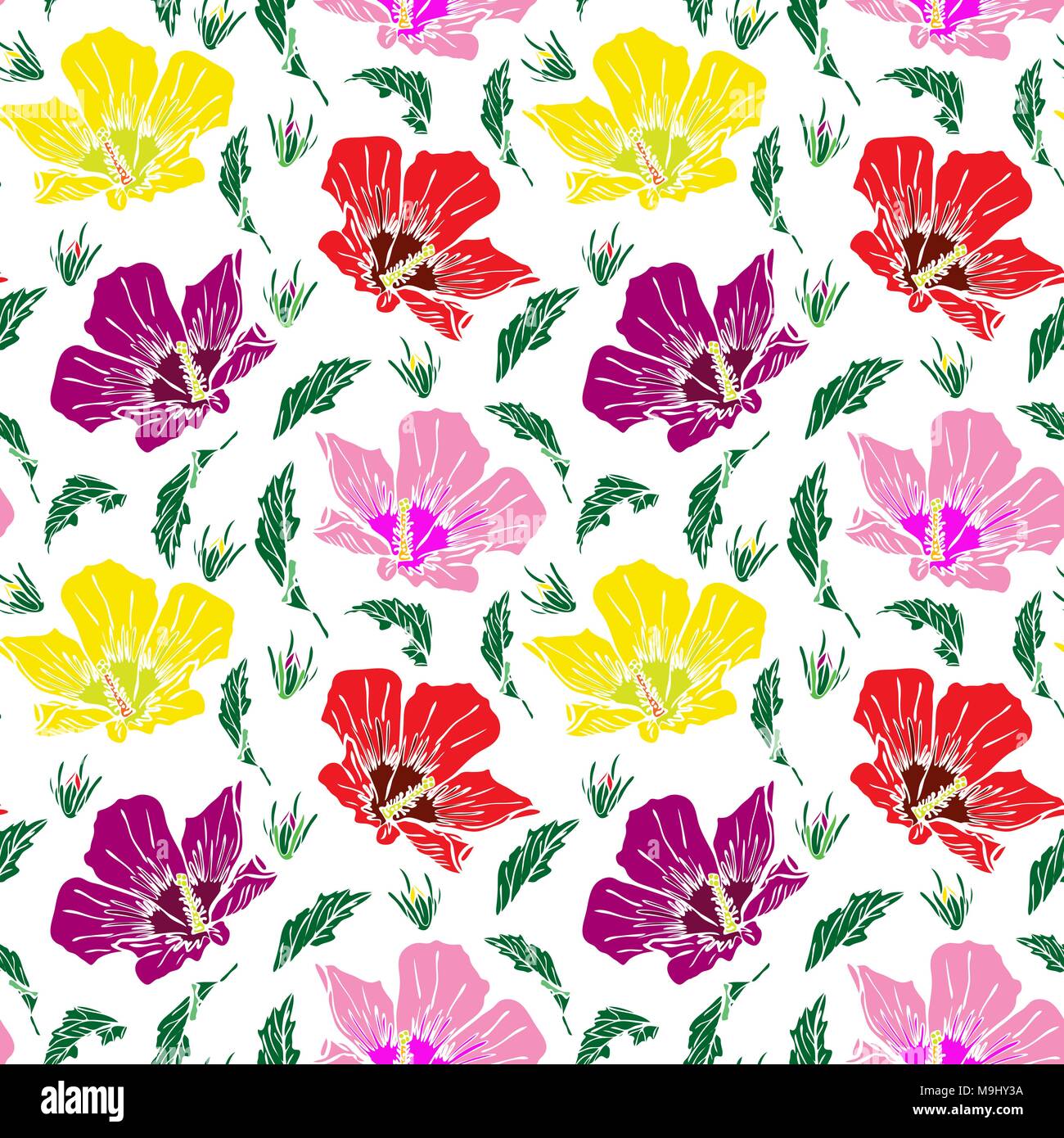 blooming pink, red and yellow mallow, seamless pattern isolated on white background, hand-drawn pattern Stock Vector