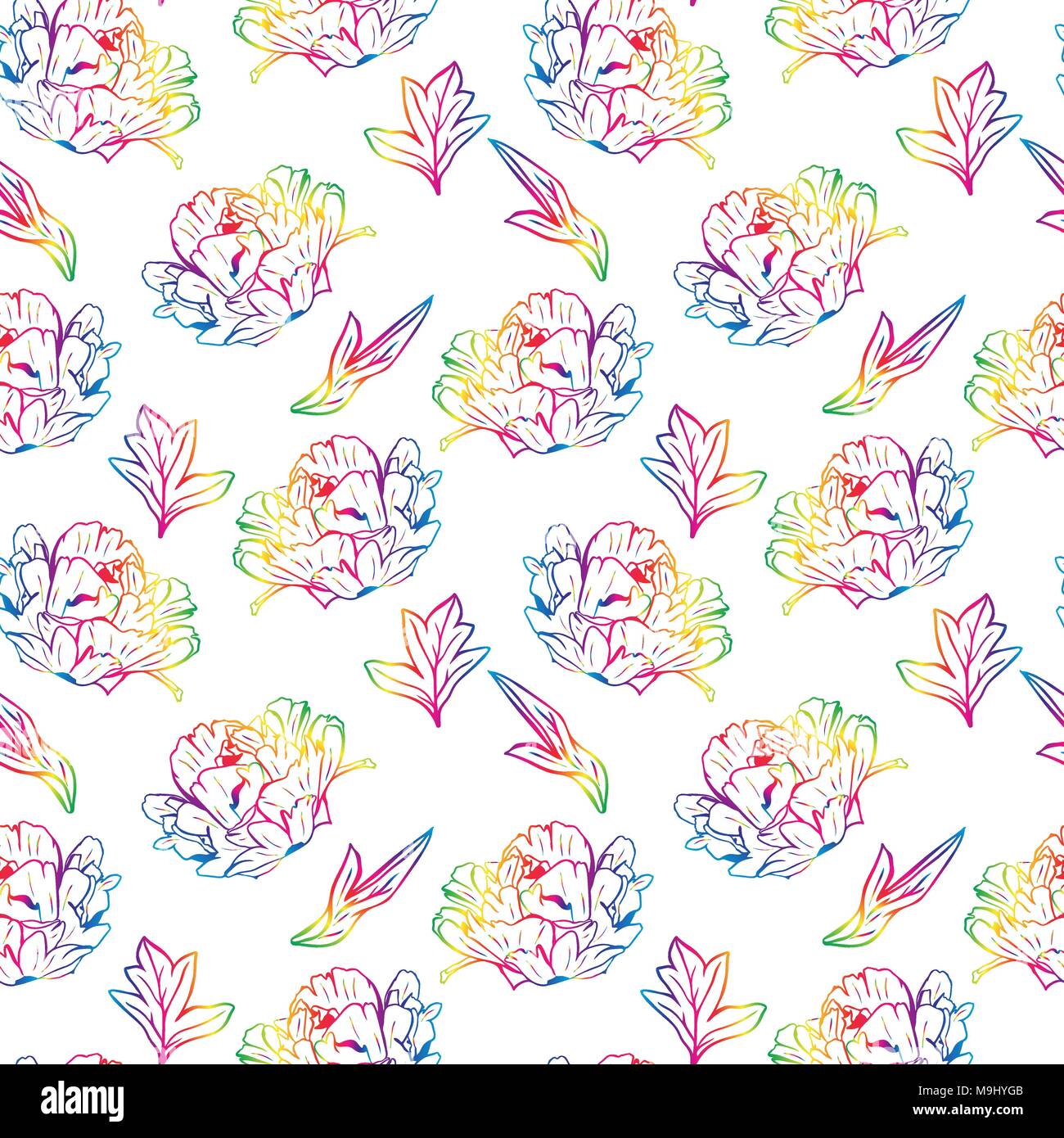blossoming peony with leafs, seamless pattern isolated on white background Stock Vector