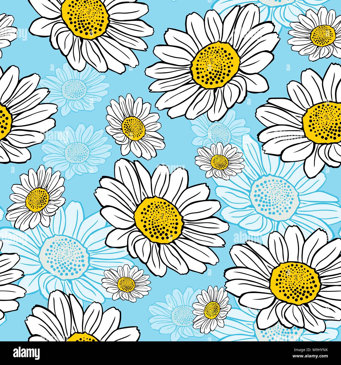 blossoming white daisies on a blue background, seamless pattern Stock ...