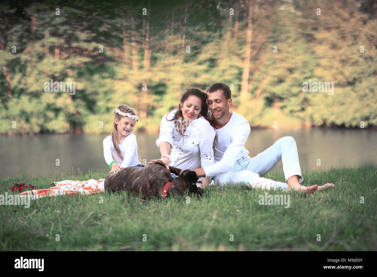 happy family with pet dog at picnic in a Sunny summer day. pregn Stock ...