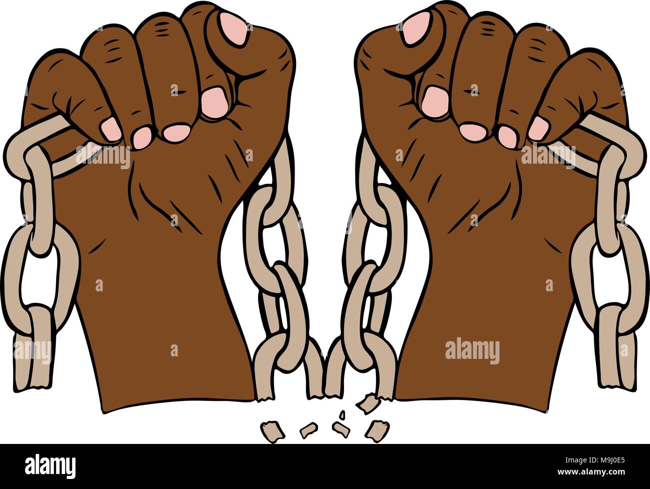 two male hands holding a torn chain, body parts raised upwards, isolated on a white background Stock Vector