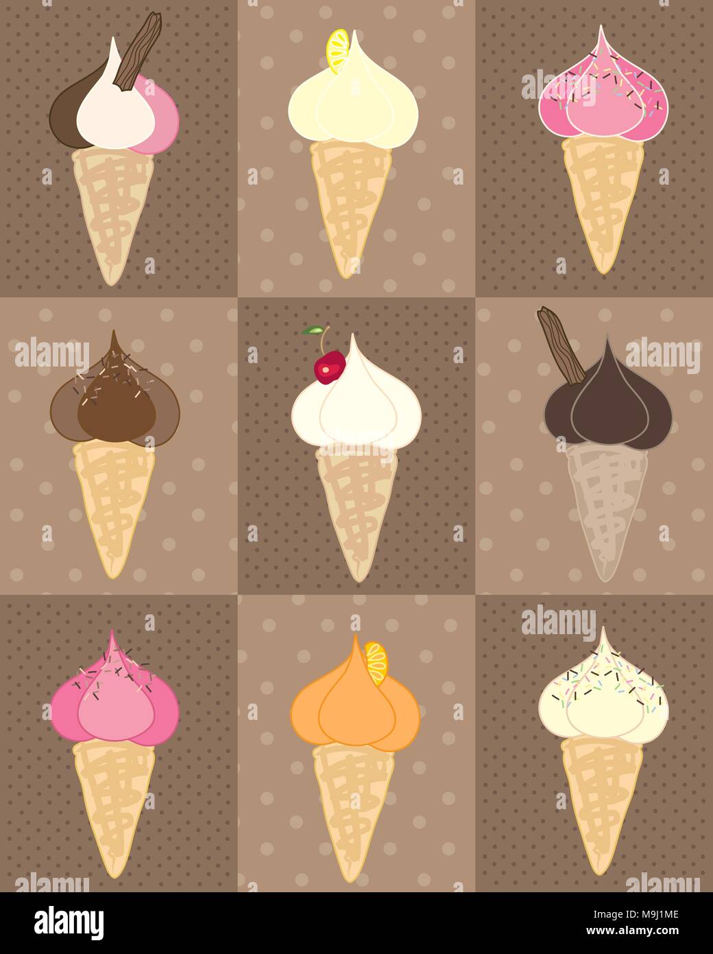 an illustration of ice cream cones in different flavors on a spotty chocolate background Stock Vector