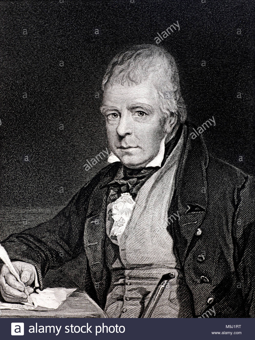 Sir Walter Scott portrait, 1st Baronet, 1771 – 1832, was a Scottish novelist and poet, antique engraving from circa 1833 Stock Photo