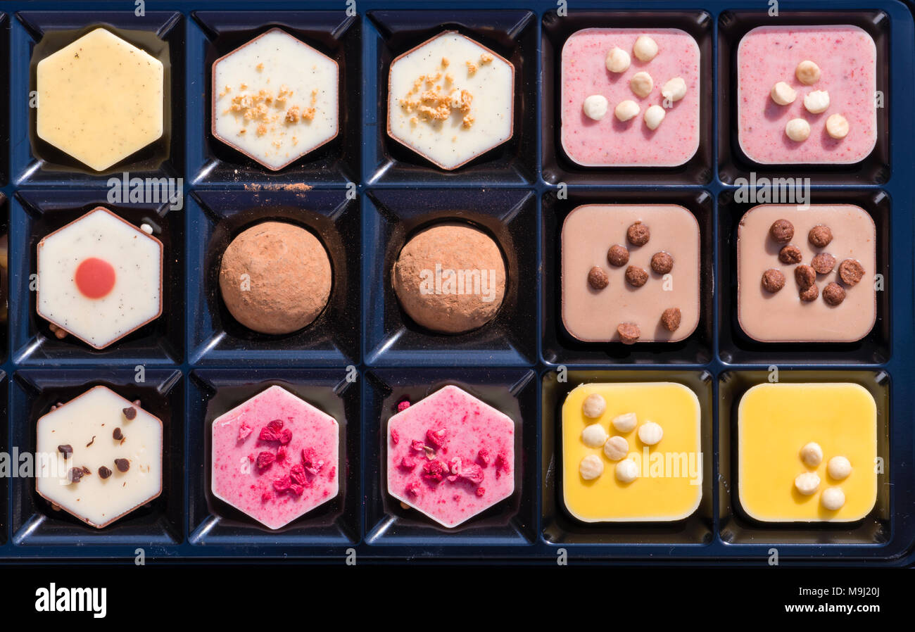 Box of chocolates from above. Selection box or assortment of luxury