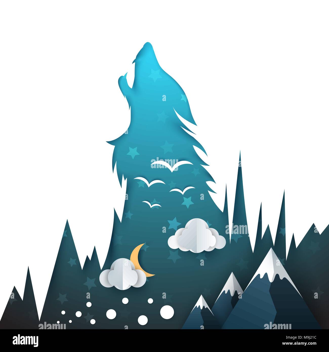 Wolf illustration. Cartoon paper landscape. Stock Vector