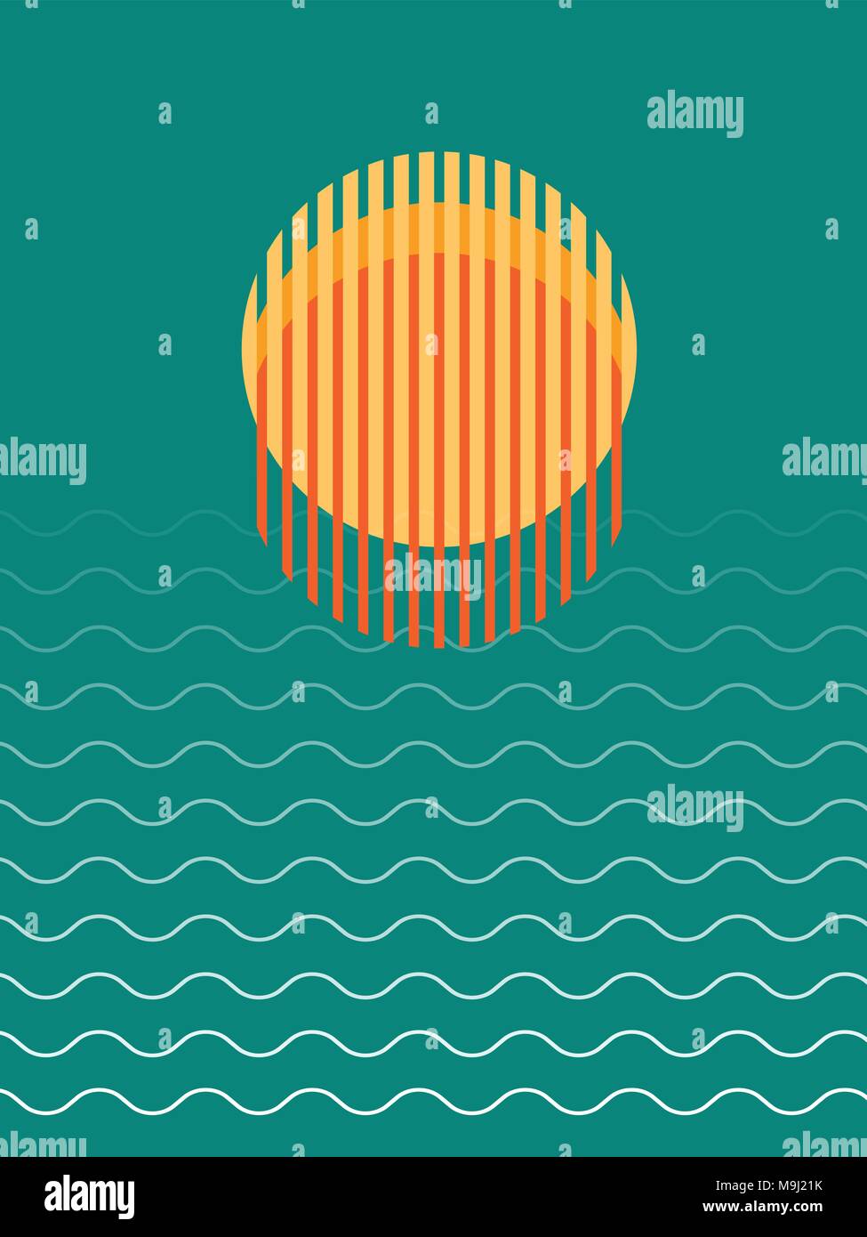 Minimalist Beautiful Sunset Over Ocean Vector Illustration Stock Vector