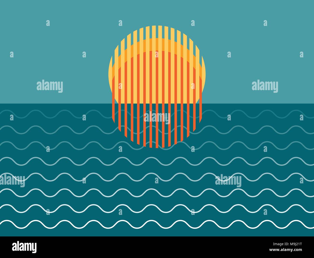 Minimalist Beautiful Sunset Over Ocean Vector Illustration Stock Vector