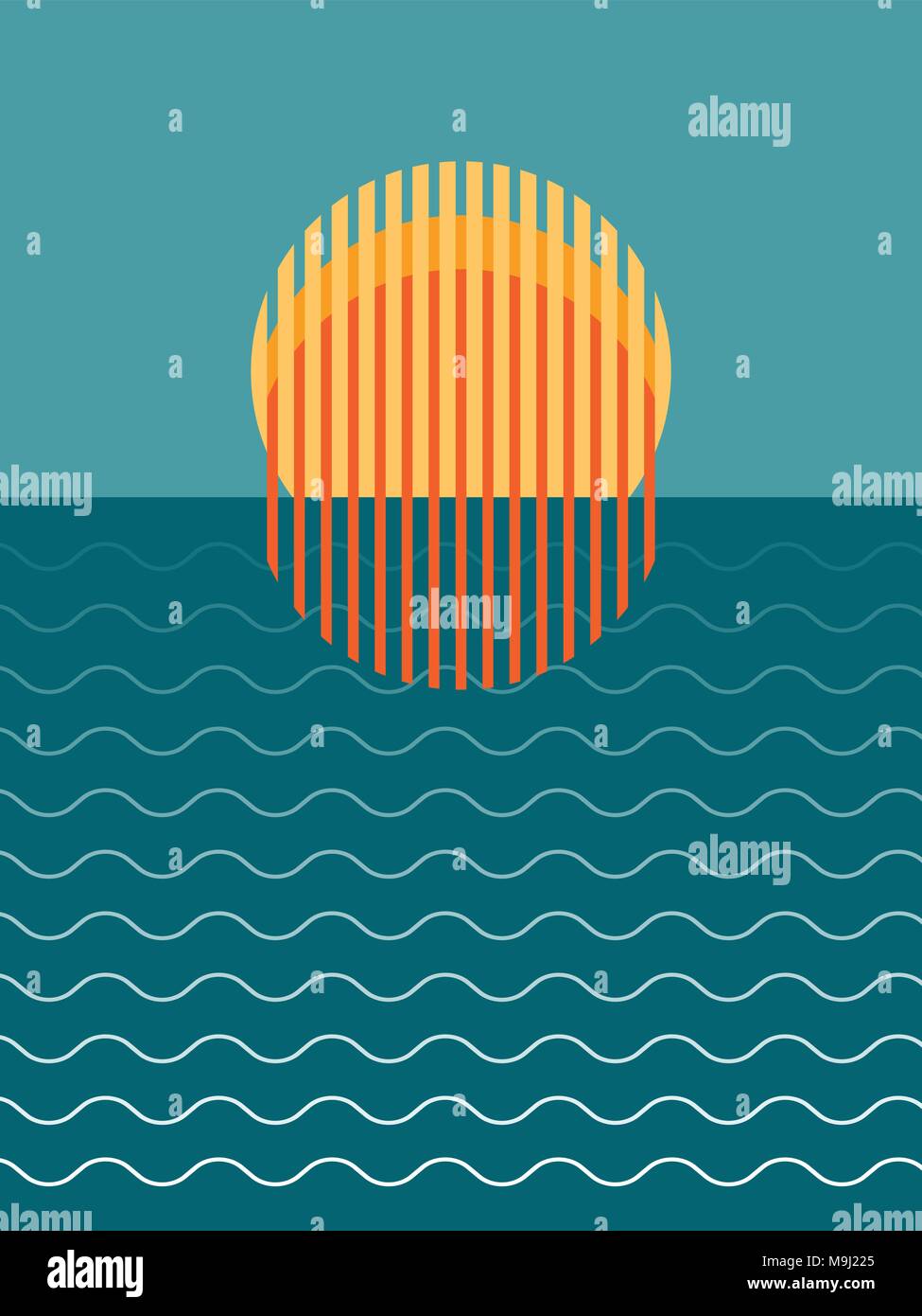 Minimalist Beautiful Sunset Over Ocean Vector Illustration Stock Vector