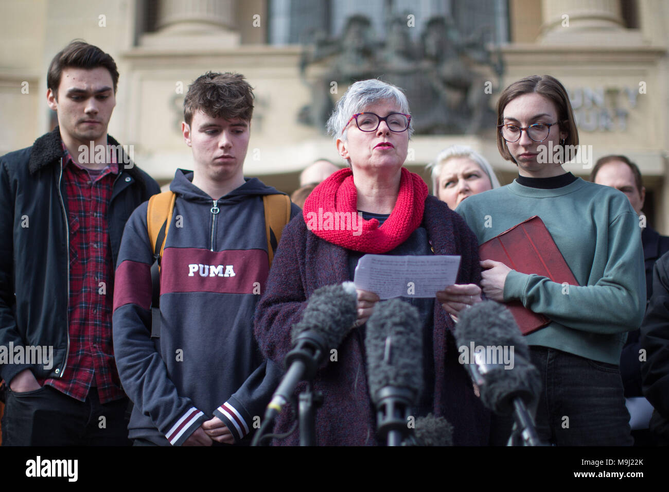 Dr Sara Ryan (second right) speaks to the media outside Oxford Crown Court after the Southern Health NHS Foundation Trust was fined £2 million following the death of her son Connor Sparrowhawk and another patient, Teresa Colvin, at Slade House care unit in Oxford. Stock Photo