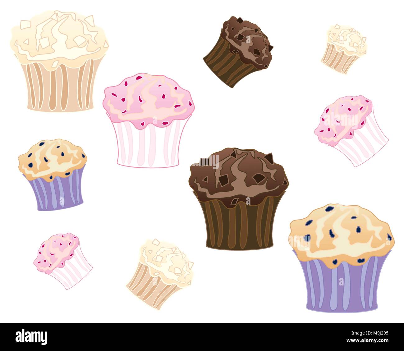 an illustration of freshly baked muffins in white and dark chocolate ...