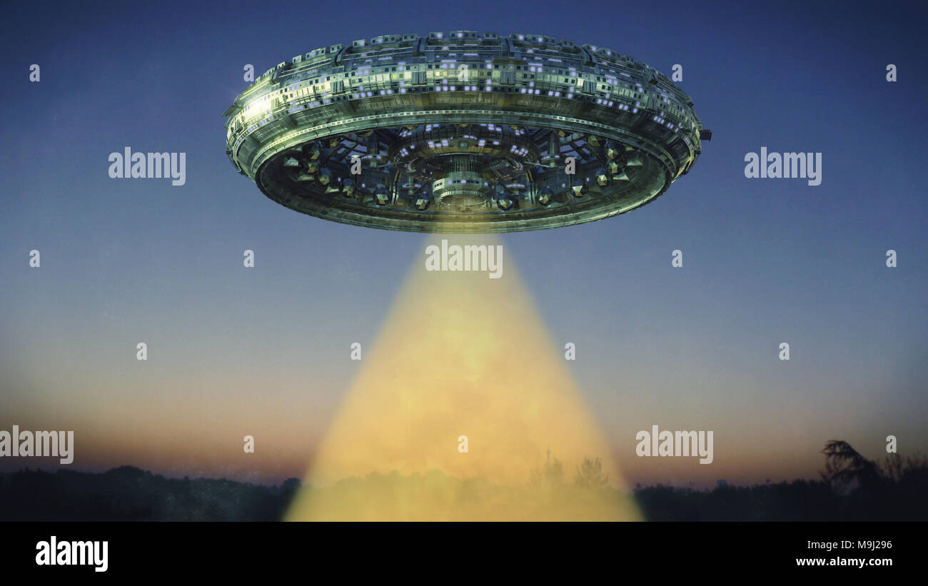 UFO, alien spaceship with light beam hovering in the night sky, extraterrestrial visitors with flying saucer (3d illustration) Stock Photo
