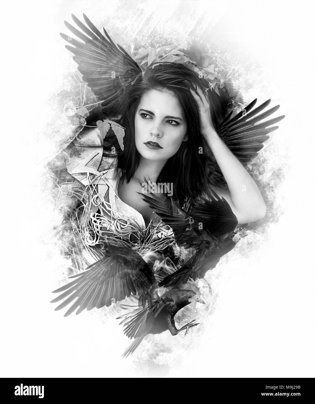 Beautiful brunette woman wearing gold and copper corset in goddess and warrior poses. fantasy and imagination concept Stock Photo