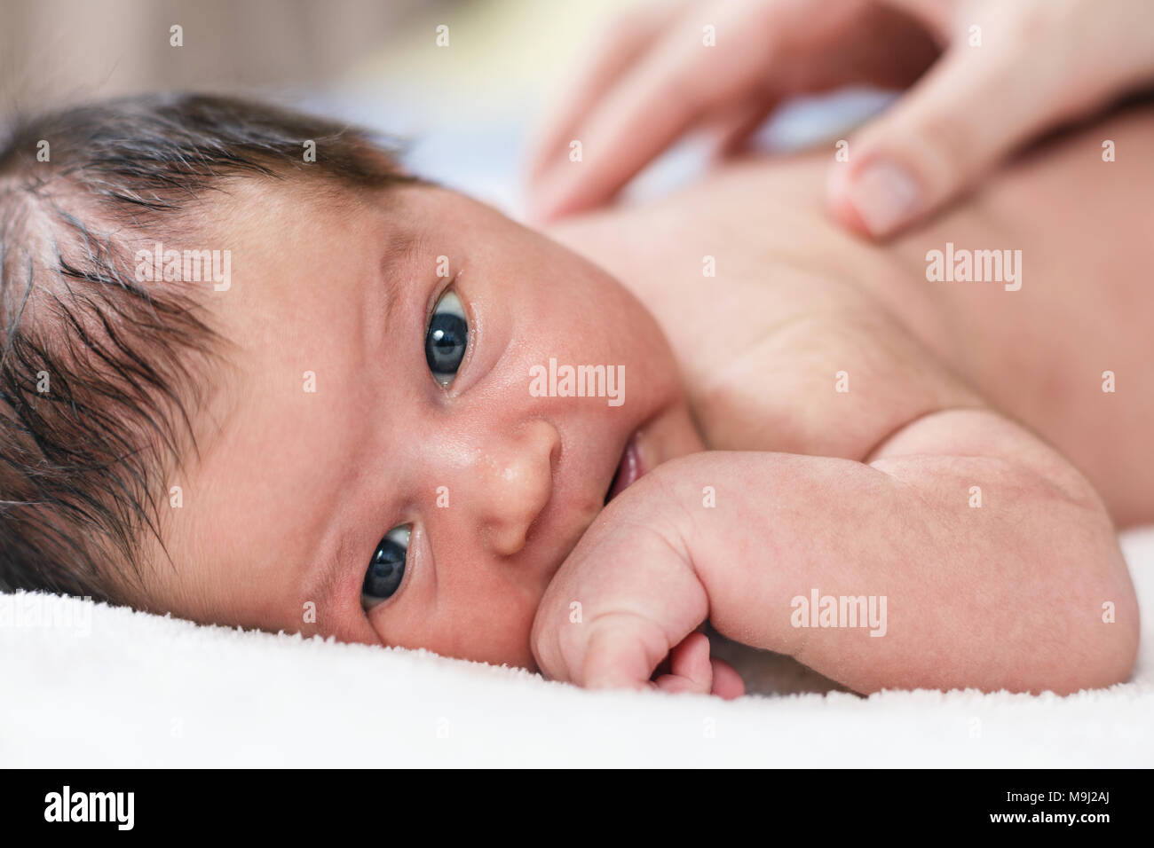 Cute newborn baby looking at the camera. Stock Photo