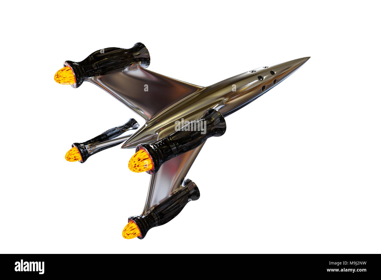 spaceship, beautiful and shiny starship fliyng into outer space (3d render isolated on white background) Stock Photo