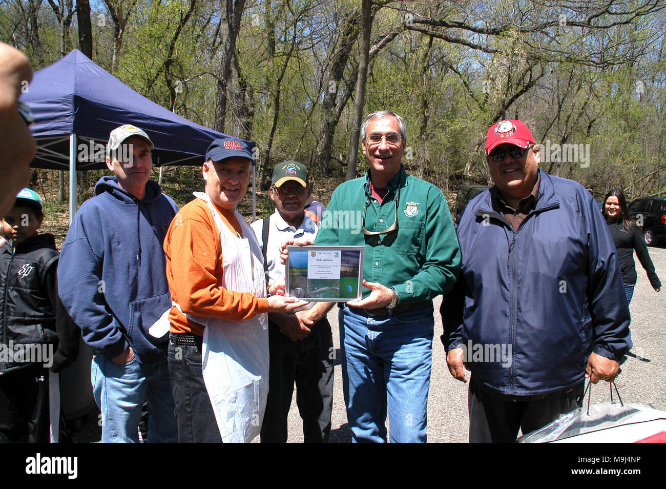 From the Red Lake Band of Chippewa Indians Department of Natural Resources, pictured with Bob Jackson and Tom Melius (from left to right) includes, Pat Brown, Fisheries Program Director, Herman Lussier, Fisheries Technician and Al Pemberton, Natural Resource Director. (Service photo). Stock Photo