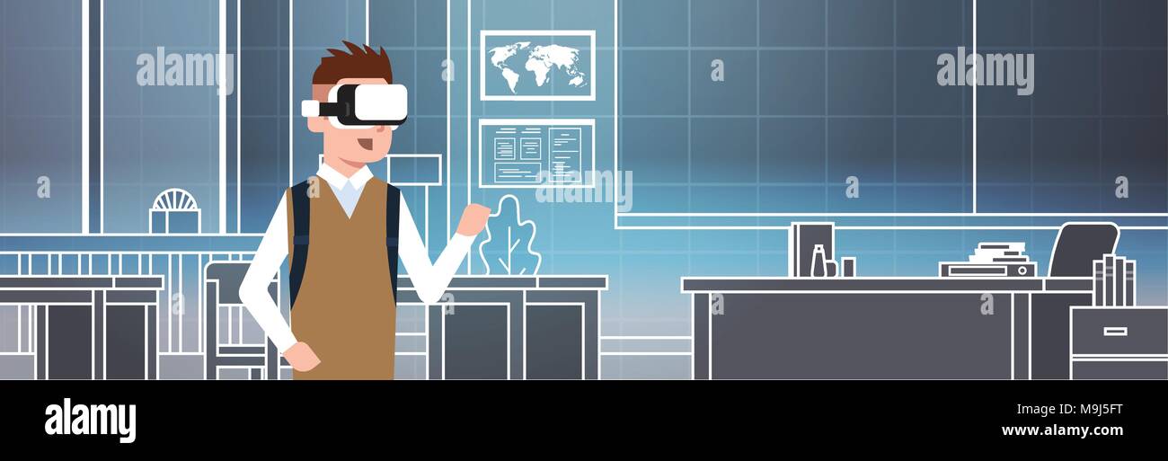 Boy Wearing 3d Glasses In Classroom Pupil Vr School Virtual Reality