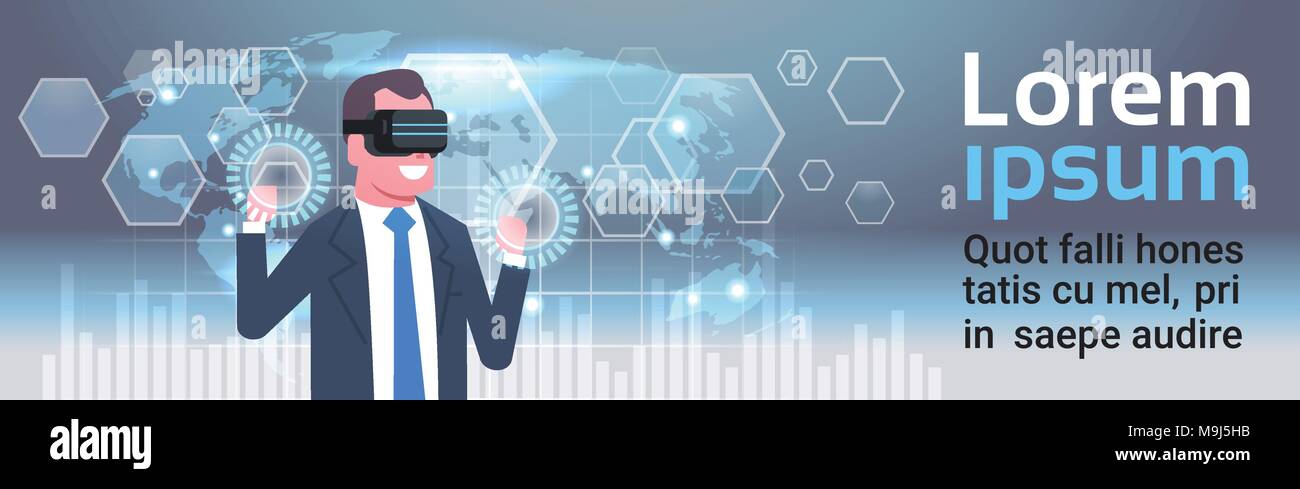 Businessman In Vr Glasses Using Digital Screen Interface With World Map Background Virtual Reality Technology Concept Stock Vector