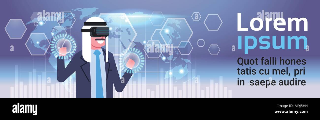 Arab Businessman In Vr Glasses Using Digital Screen Interface With World Map Background Virtual Reality Technology Concept Stock Vector