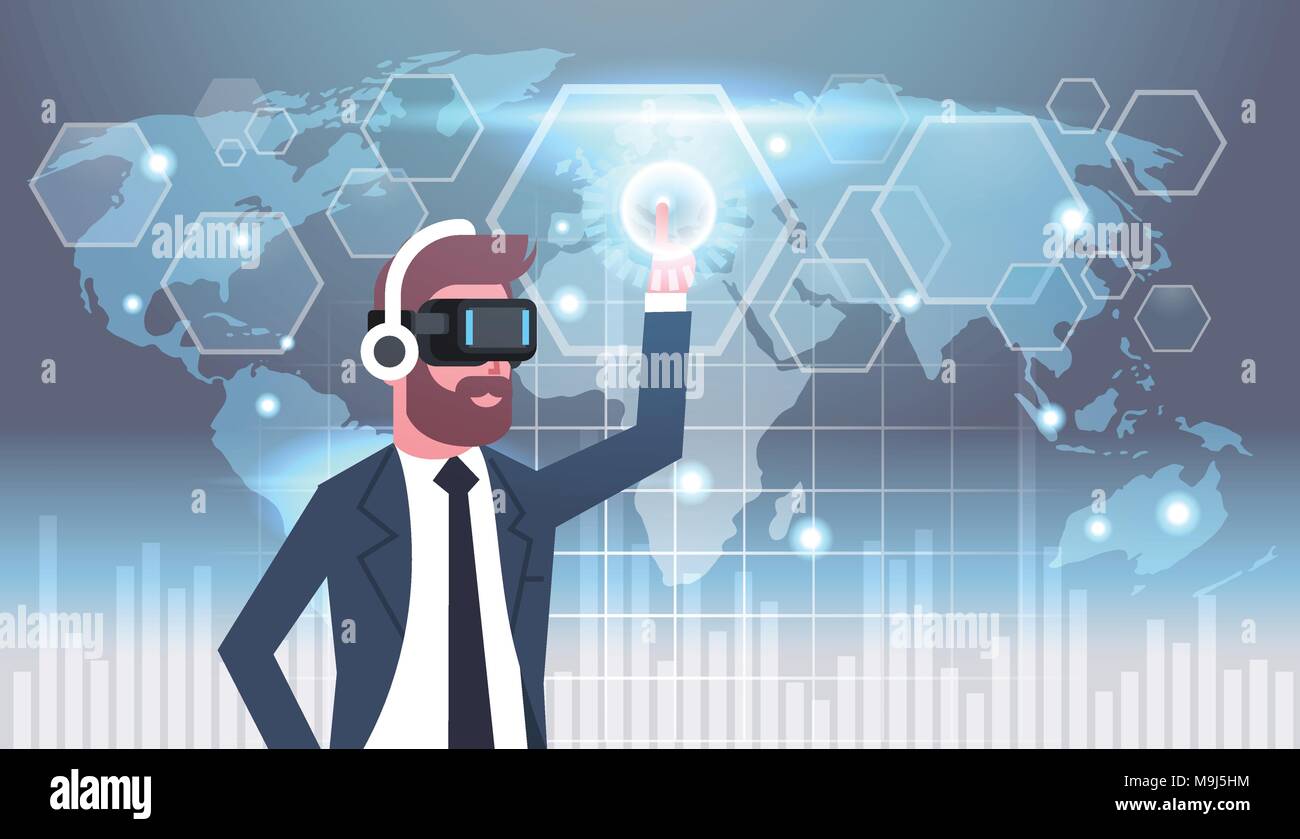 Businessman In Vr Goggles Using User Interface With World Map Background Virtual Reality Glasses Technology Concept Stock Vector