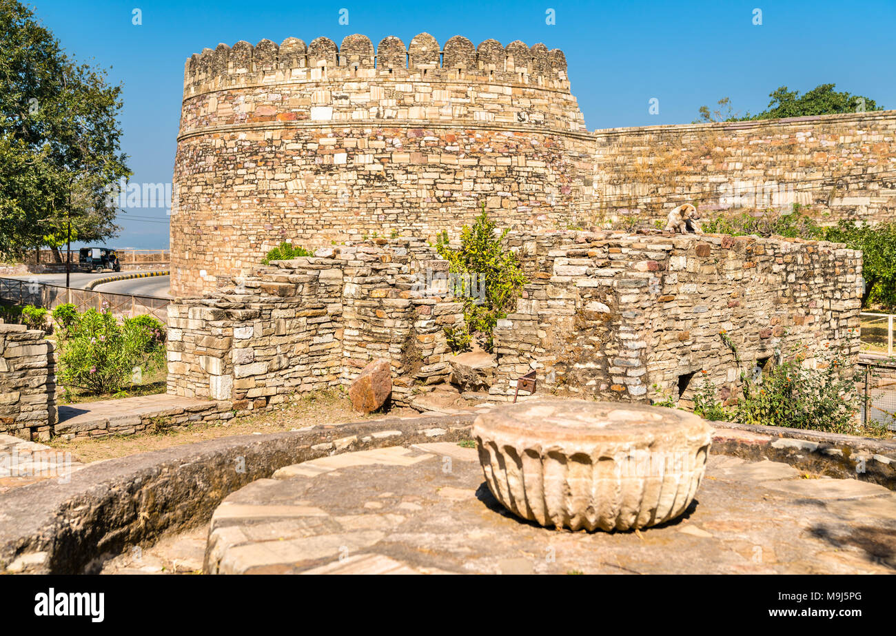 Fortifications of Chittor Fort in Chittorgarh city of India Stock Photo