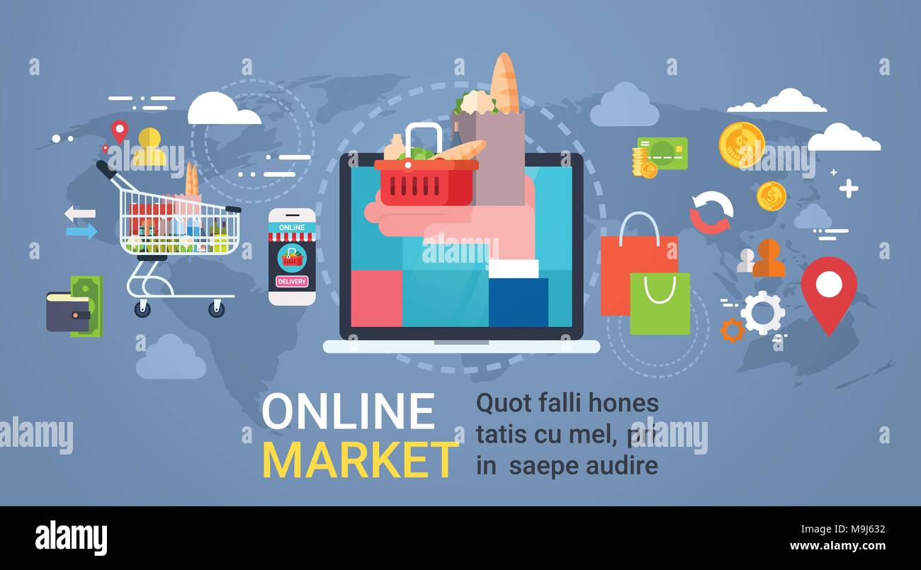 Online Market With Hand Holding Bag Full Of Products From Laptop Computer, Grocery Shopping And Food Delivery Concept Stock Vector