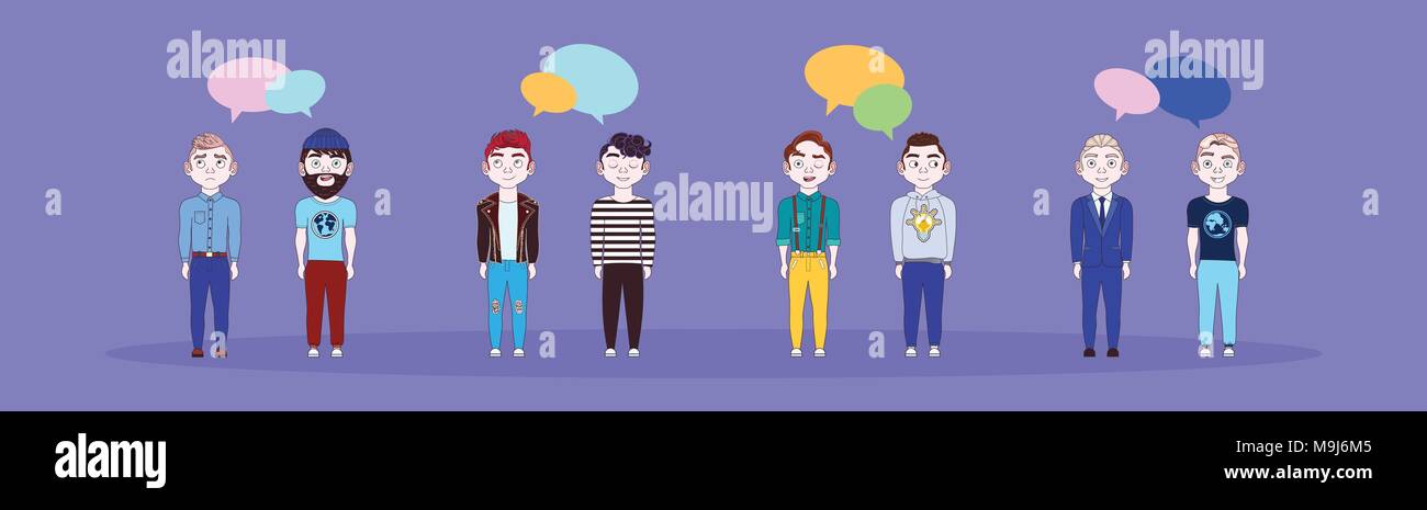 Group Of Young Man With Chat Bubbles Social Media Communication Concept Horizontal Banner Stock Vector