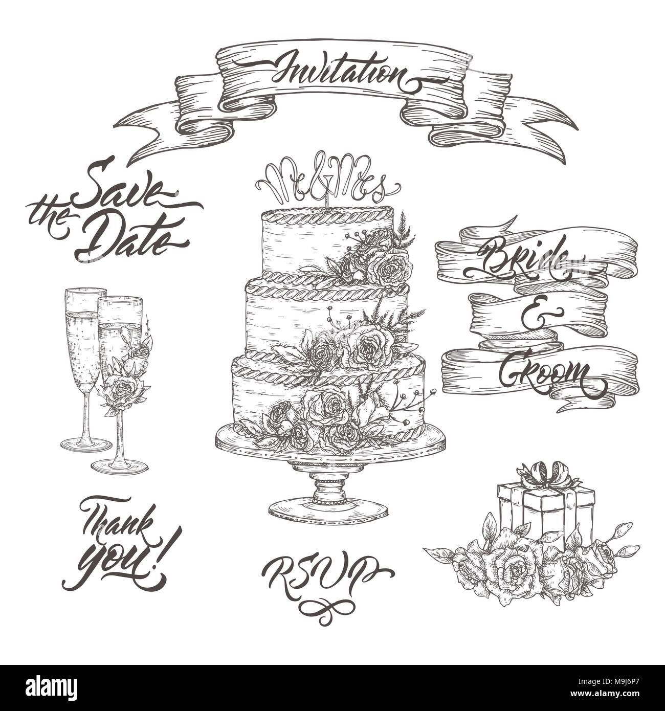 Set Of Wedding Related Sketches And Brush Calligraphy Includes