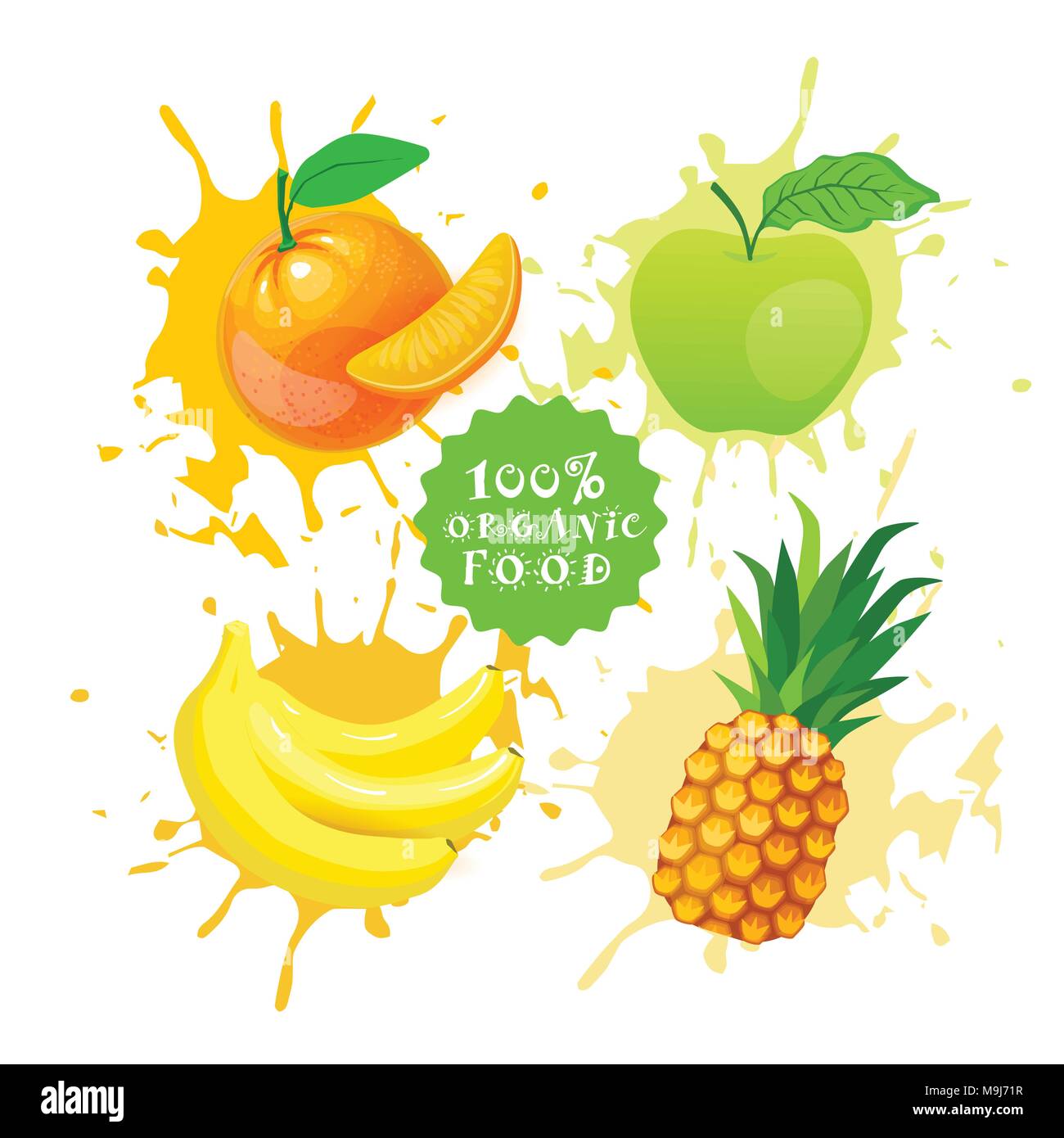 Set Of Fruits Over Paint Splash Background Fresh Juice Logo Natural ...