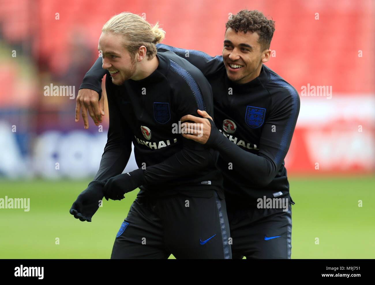 England U21's Tom Davies (left) and Dominic Calvert-Lewin during a training session at Bramall Lane, Sheffield. Stock Photo