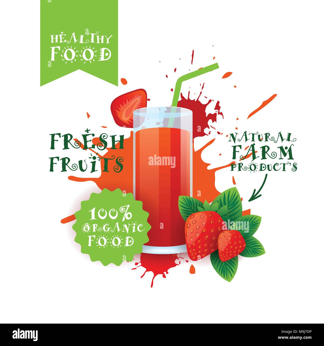 Fresh Strawberry Juice Logo Natural Food Farm Products Label Over Paint