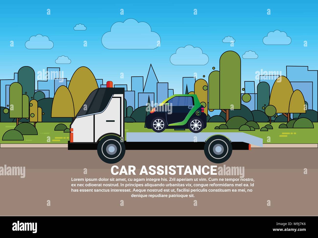 Car Towing Assistance Concept With Roadside Service Of Evacuation Banner Stock Vector