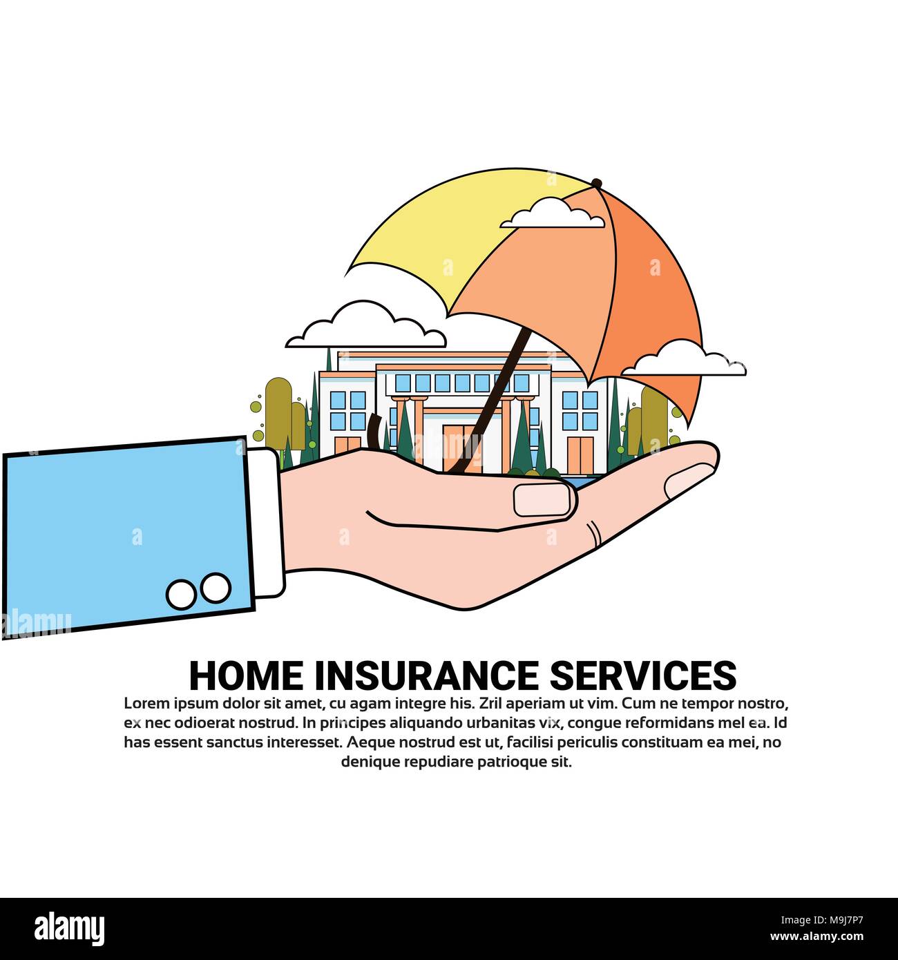Home Insurance Services Banner With Hnad Hold Umbrella Over Real Estate