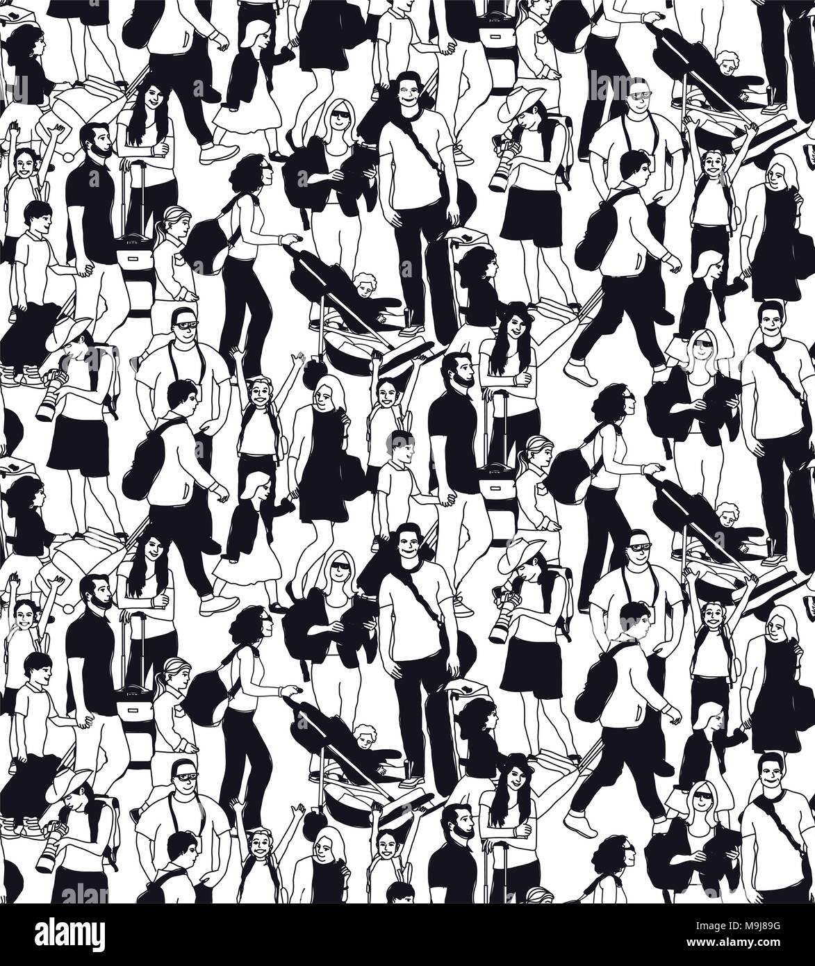 Family people travel crowd seamless pattern black and white. Stock Vector