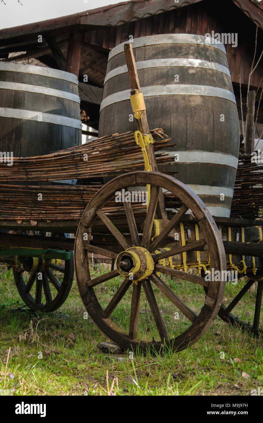 Antique cart for transporting goods with two wine or beer barrels on top Stock Photo Alamy