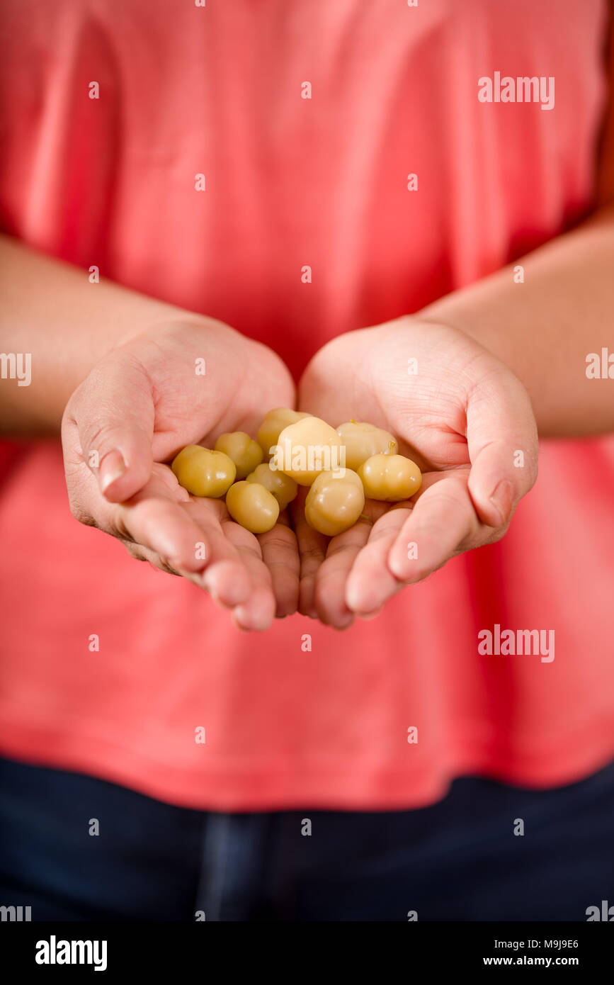 Close up of woman holding in both hands a star gooseberry fruit. Phyllanthus acidus, known as the Otaheite gooseberry, star, grosella, karamay Stock Photo