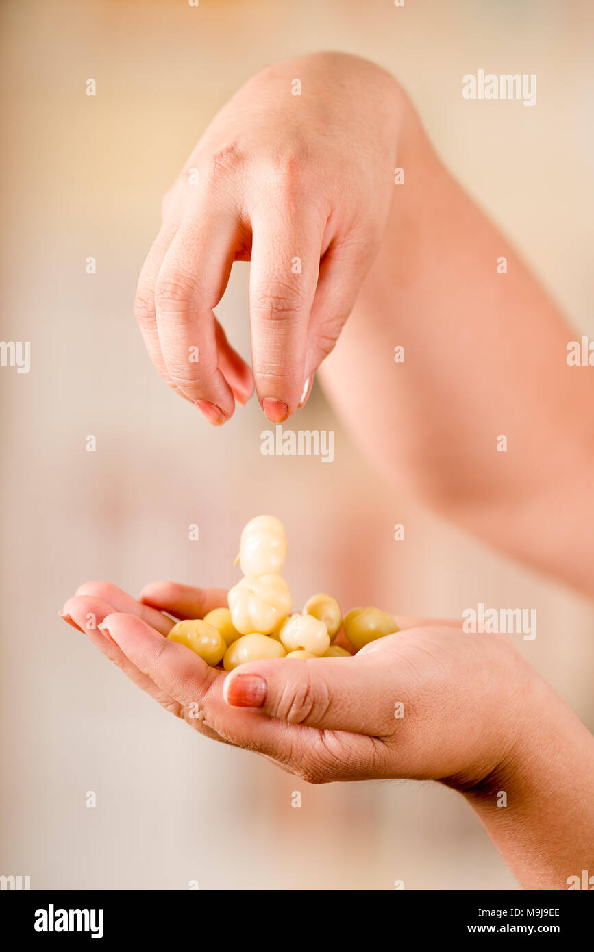 Close up of woman holding in her hands a star gooseberry fruit. Phyllanthus acidus, known as the Otaheite gooseberry, star, damsel, grosella, karamay Stock Photo