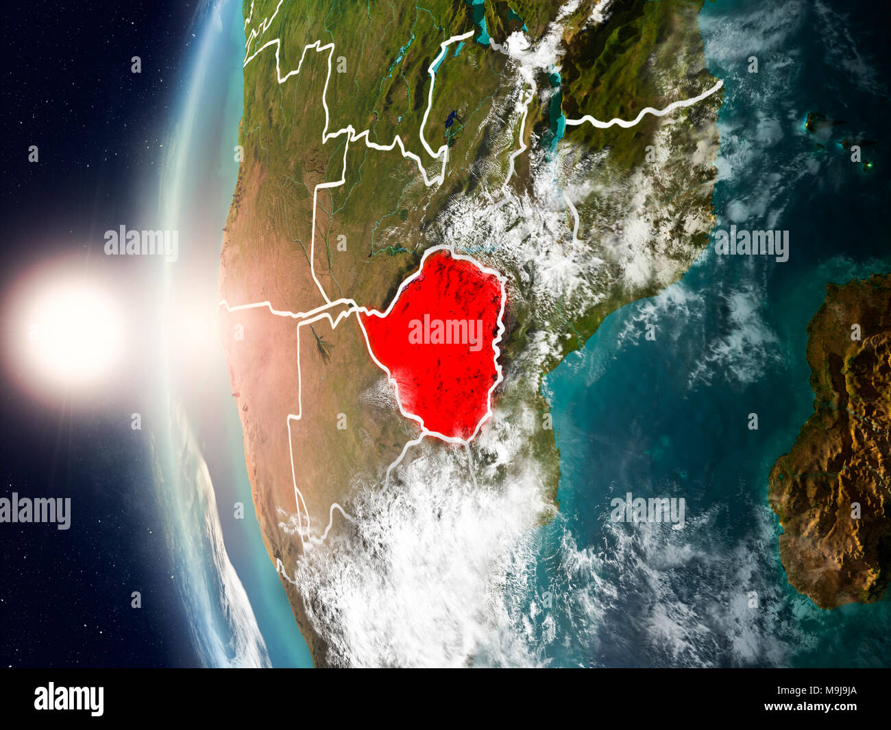 Satellite view of Zimbabwe highlighted in red on planet Earth with ...