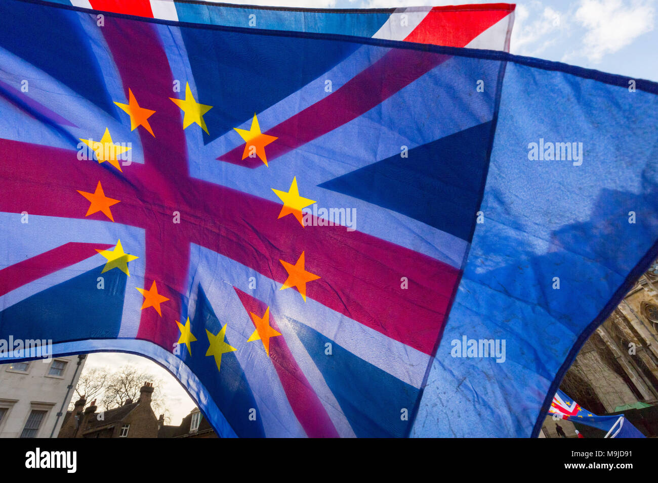 London, UK. 26th March, 2018. Pro-remain and EU supporters continue their weekly campaign vigils opposite the Houses of Parliament waving numerous British and European flags. Credit: Guy Corbishley/Alamy Live News Stock Photo