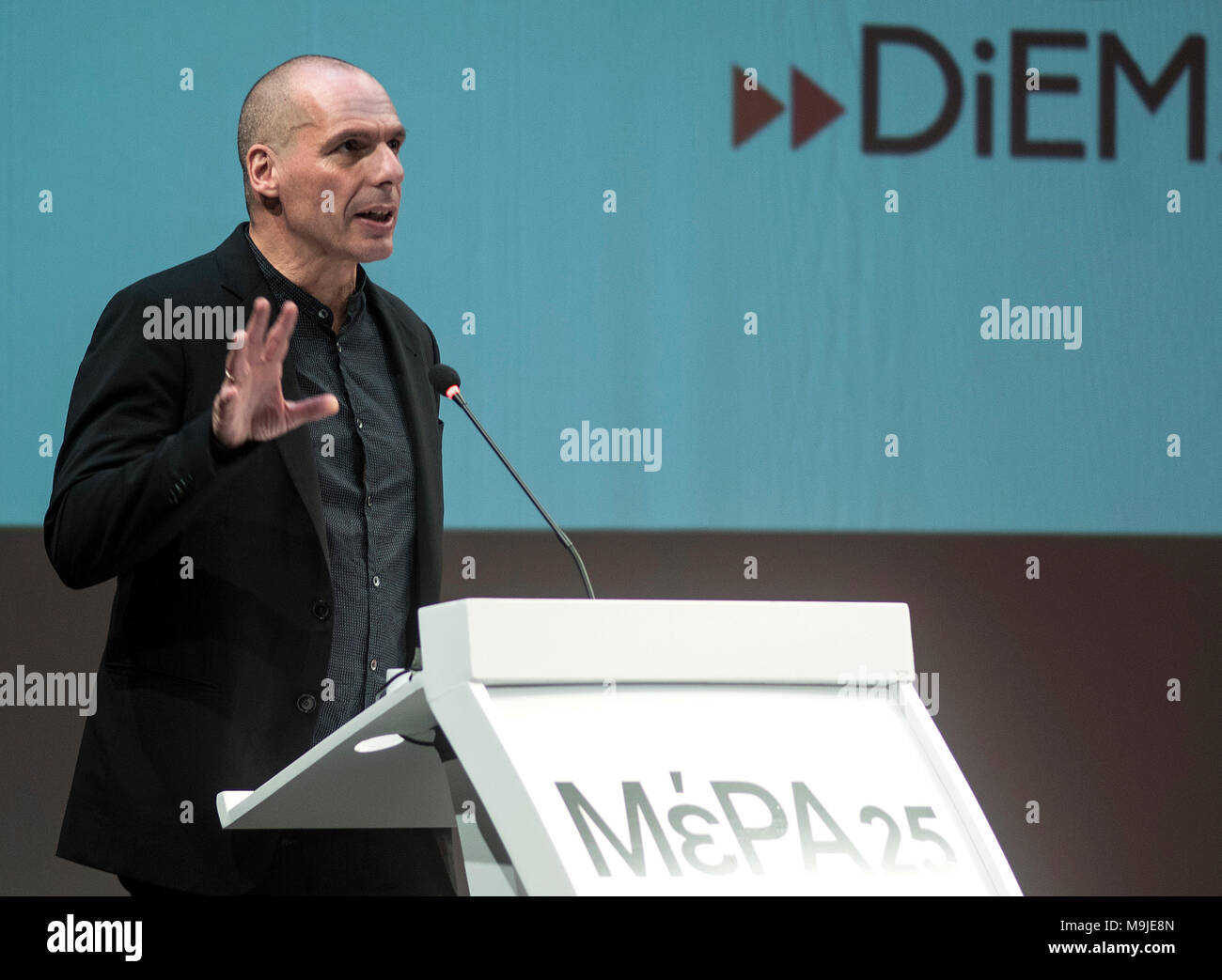Athens, Greece. 26th Mar., 2018. Yanis Varoufakis, former Greek Finance Minister speaks to supporters  in Athens, Greece, on 26 March 2018. Varoufakis formally launched MeRA25 political party, as part of the pan-European political movement DiEM25, and will participate in Greece's next general elections. Credit: Elias Verdi/Alamy Live News Stock Photo