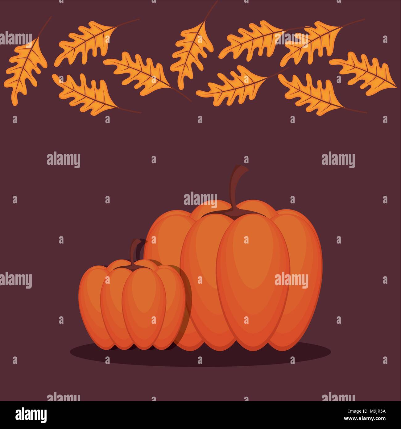 Thanksgiving design with pumpkins and autumn leaves over brown ...