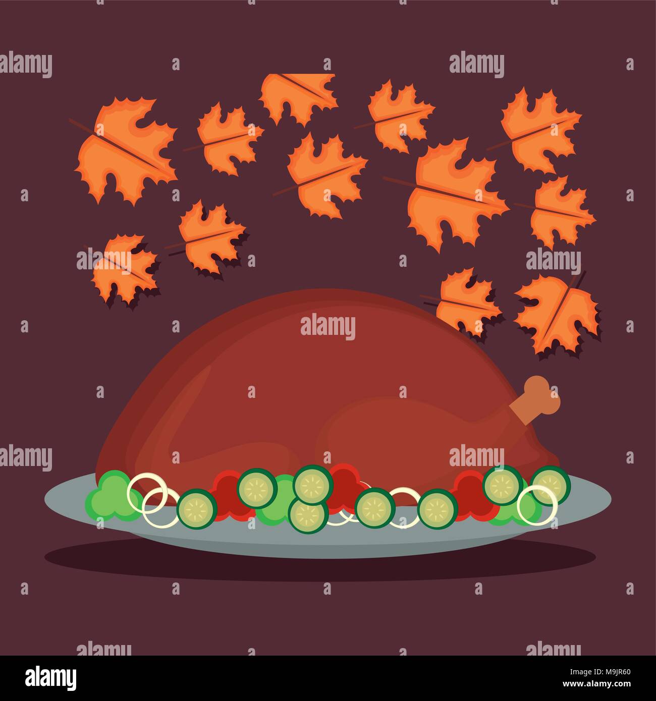 Thanksgiving design with roasted turkey and autumn leaves around over ...