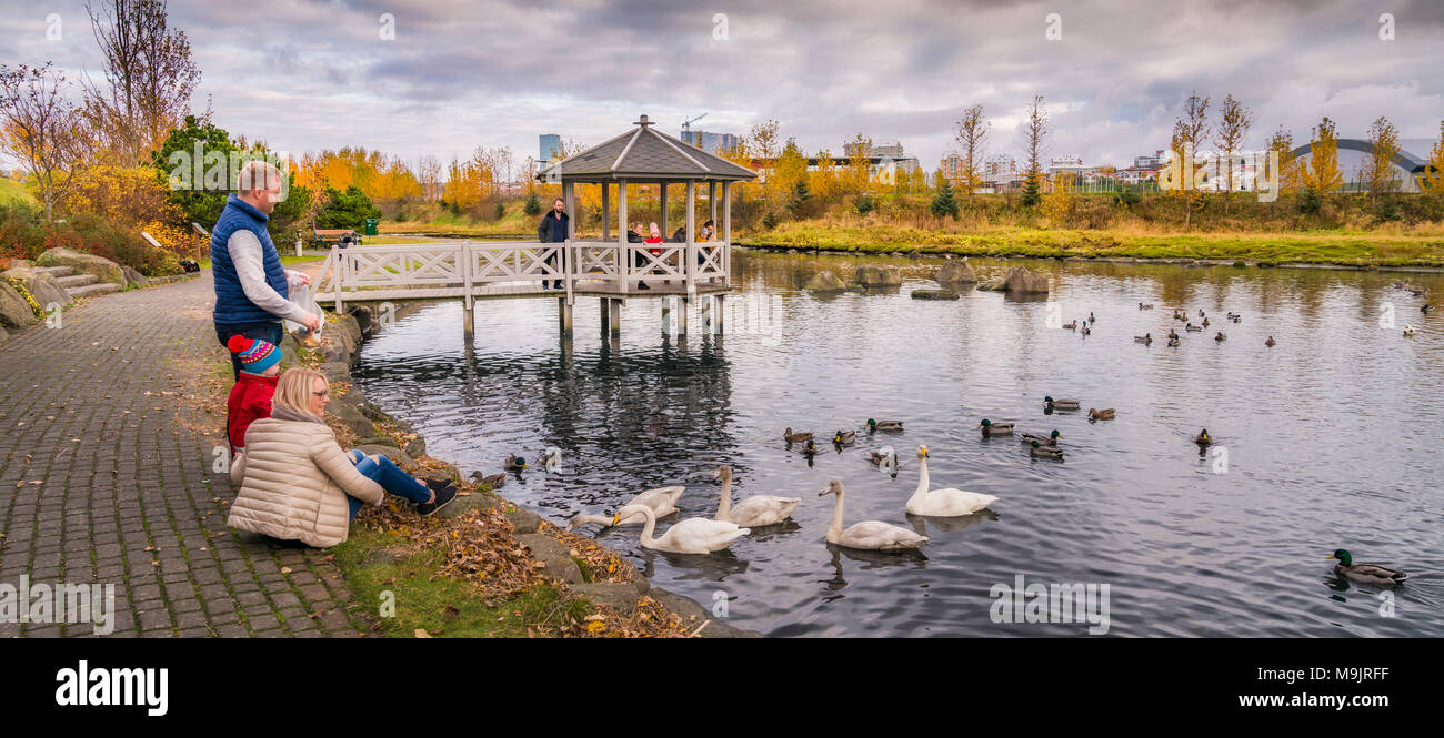 Family feeding the birds, Kopavogur, a suburb of Reykjavik, Iceland. Stock Photo