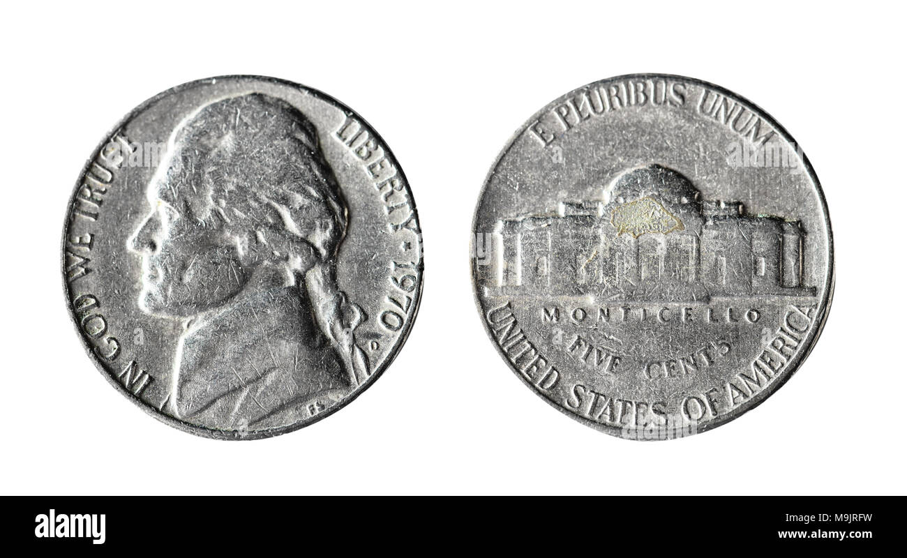 5 cents 1970,the United States 1951-1980. Isolated object on a white background. Stock Photo