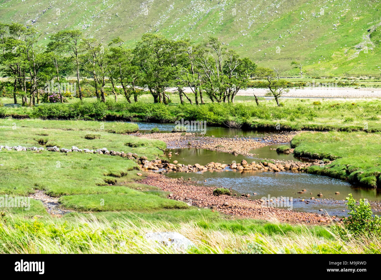 The paradisal landscape of Glen Etive with the mouth of River Etive , Scotland - Europe Stock Photo