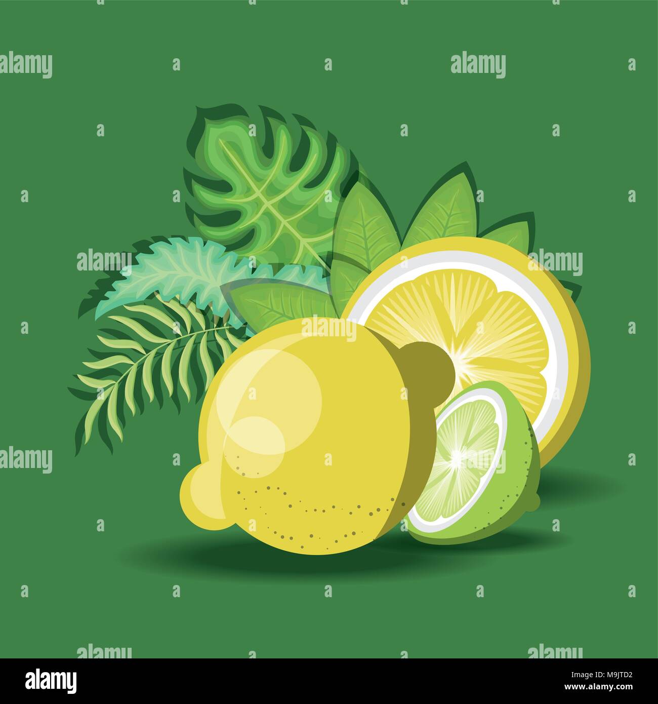 tropical leaves with lemons over green background, colorful design ...